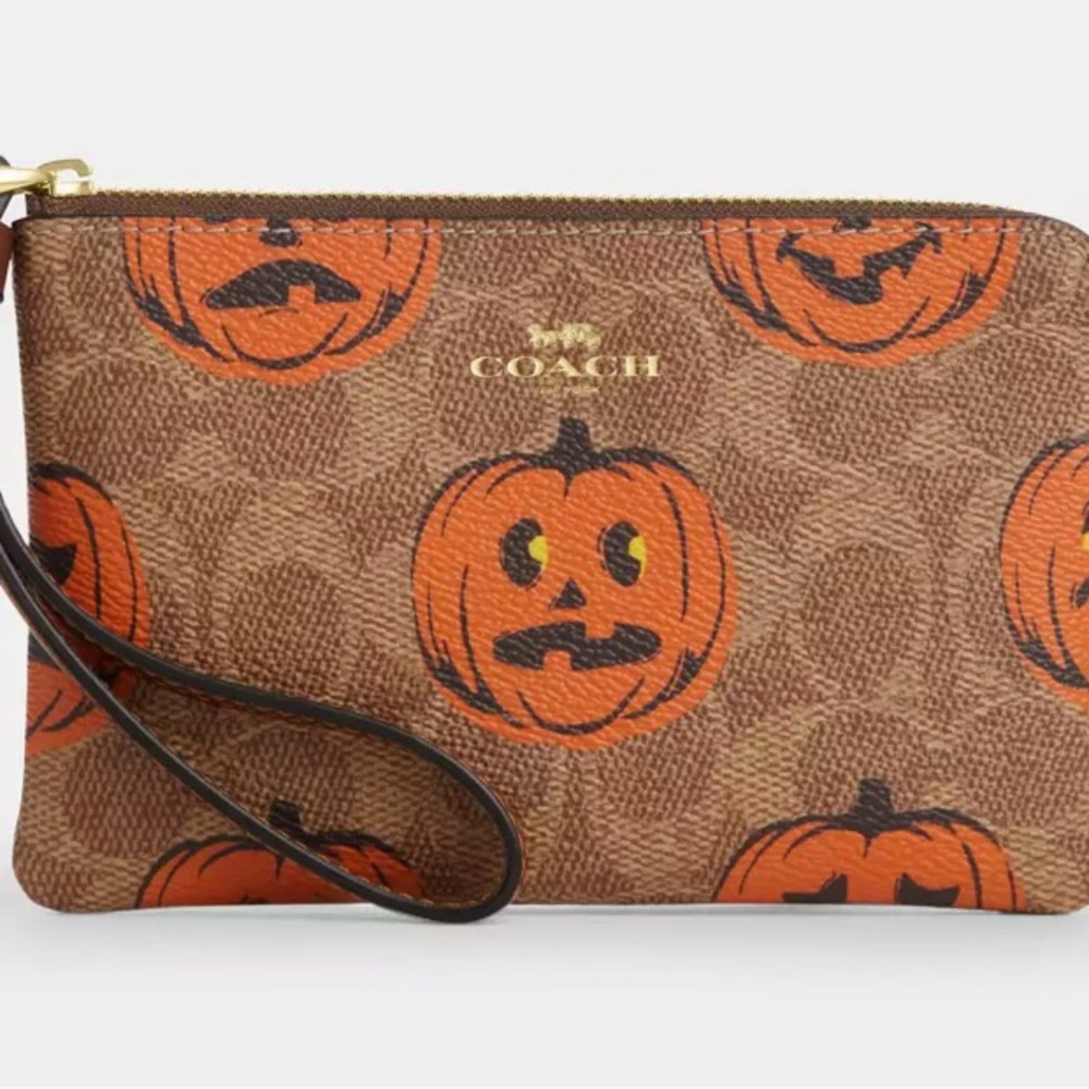 NWT Coach Pumpkin Corner Zip Halloween Wristlet In Signature Canvas